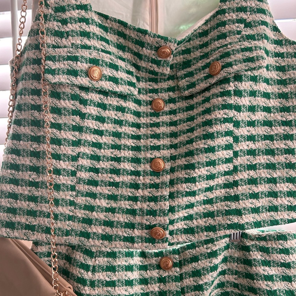 AQUA Green Tweed 2 piece suit Gold Button Preppy Sheath Size XL - Picture 9 of 13